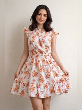 LOFT Coquette White Peach Pink Ruffled Mini Dress with Beautiful Floral Print
